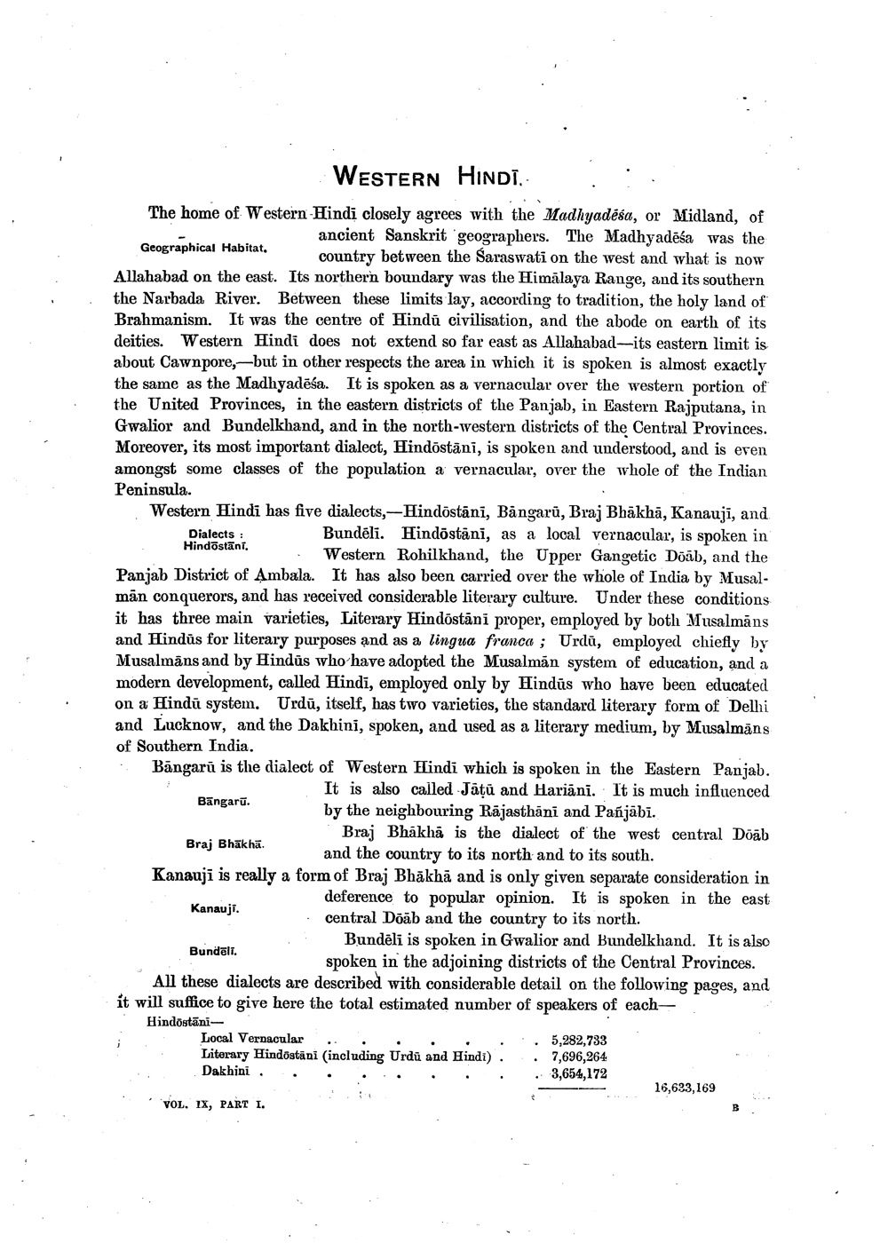 Linguistic Survey of India vol. IX pt. I, p. 1, opening of the Western Hindī chapter, listing Dakhinī as one of two varieties of Urdū