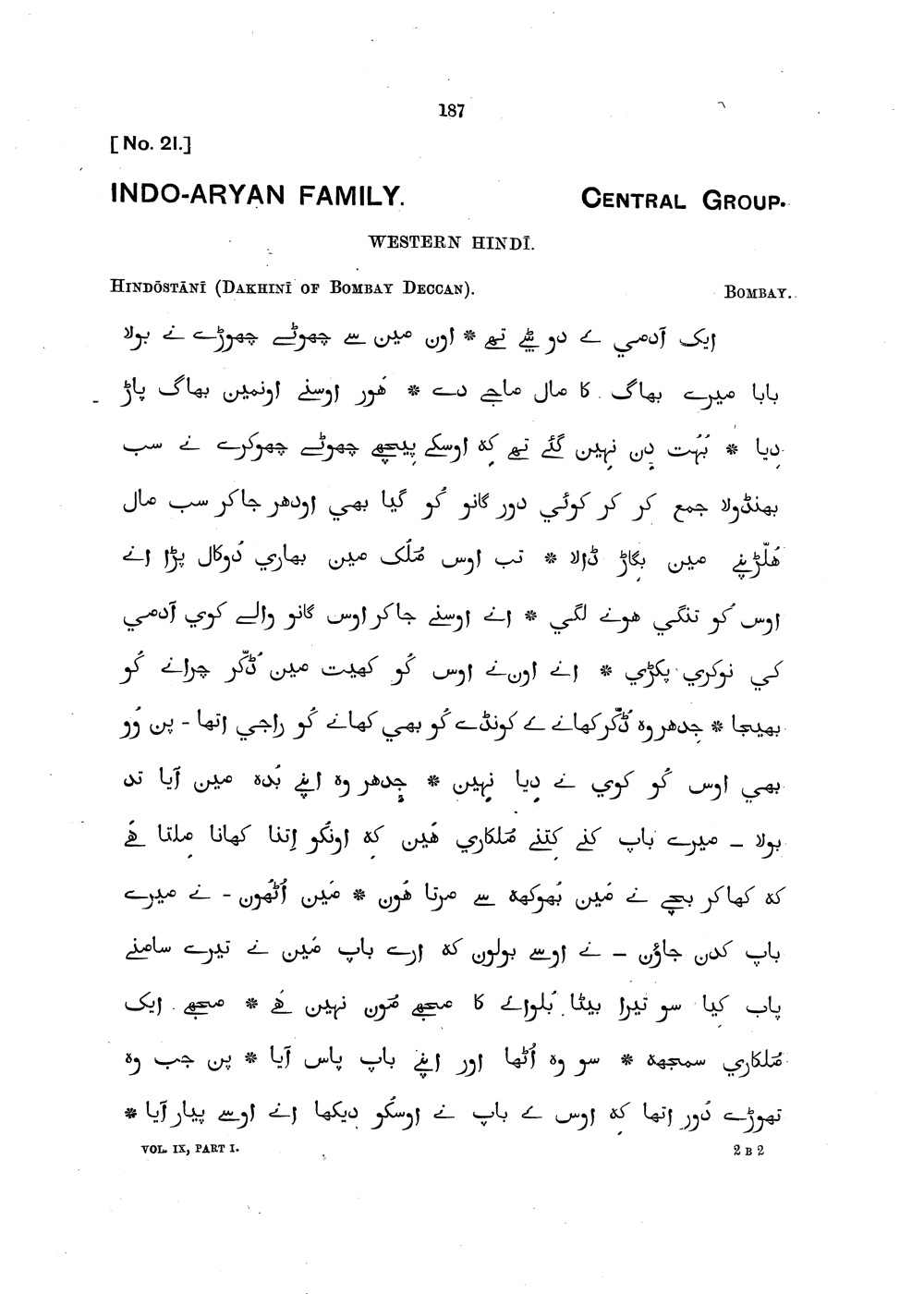 Linguistic Survey of India vol. IX pt. I, p. 187, Specimen No. 21: Dakhinī of Bombay Deccan, printed in Urdu script