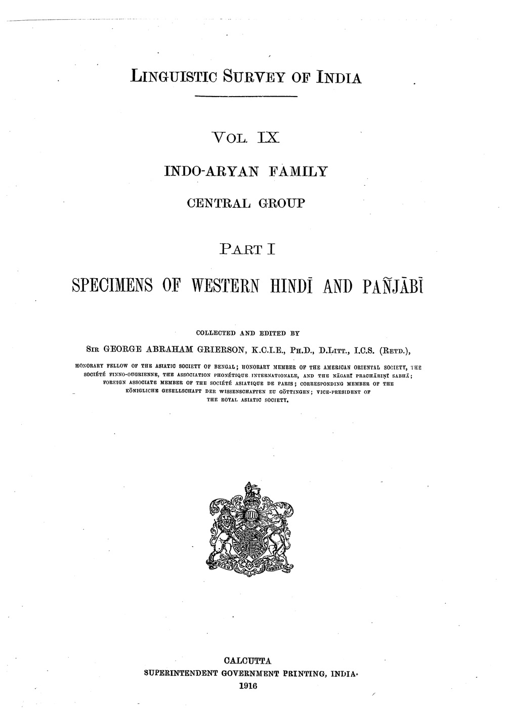 Title page of Linguistic Survey of India, Vol. IX Part I, Calcutta 1916