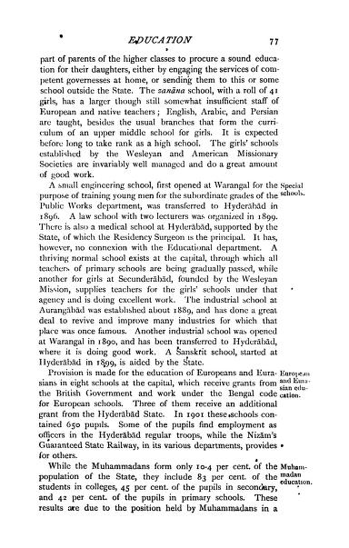 Page 77 of the Imperial Gazetteer of India, Provincial Series: Hyderabad State (1909), whose final paragraph gives the Muslim share of college, secondary and primary pupils against the Muslim share of the population.
