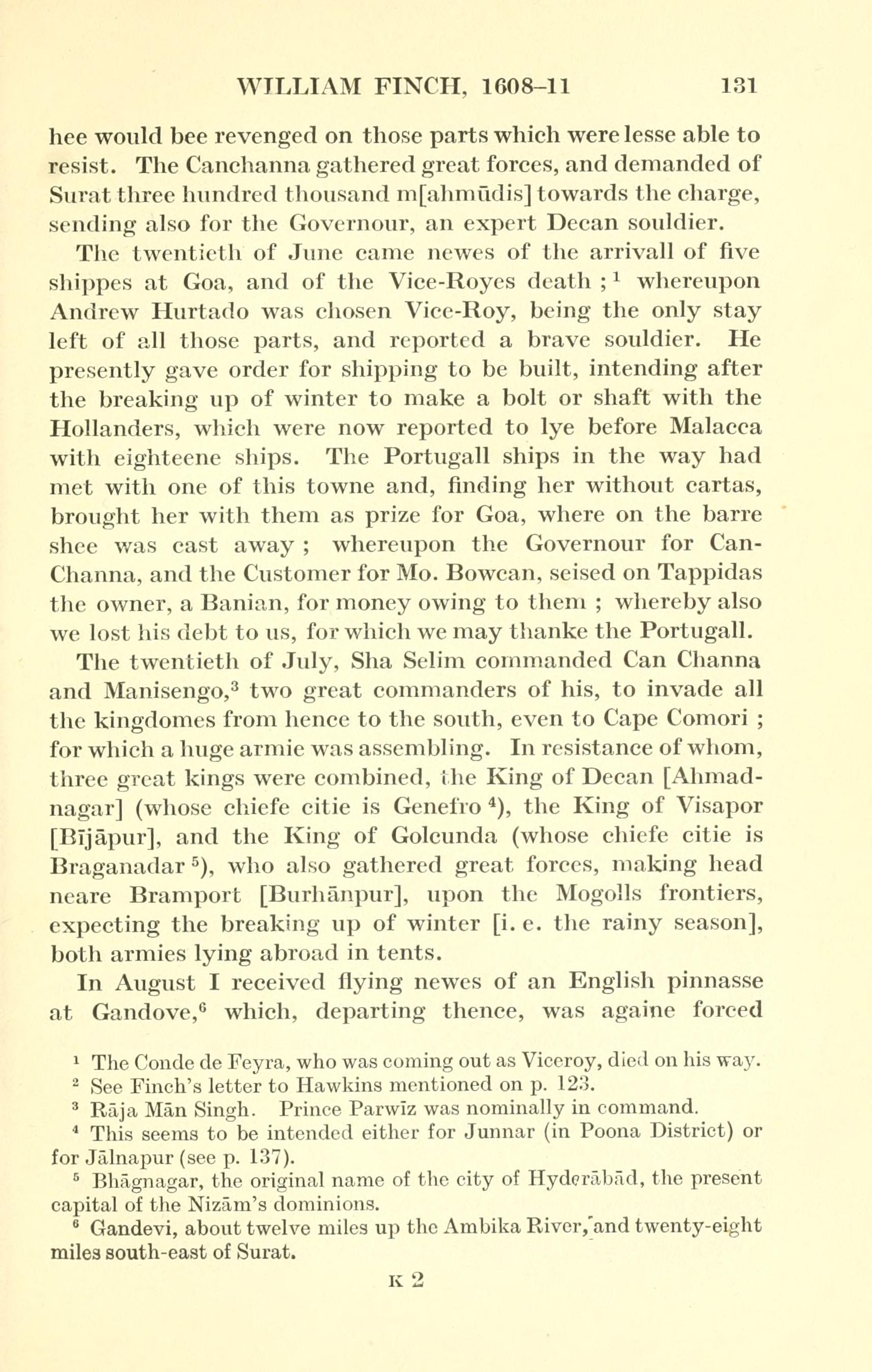 Page 131 of Foster's Early Travels in India, with Finch's 'Braganadar' and Foster's footnote identifying it as Bhāgnagar.