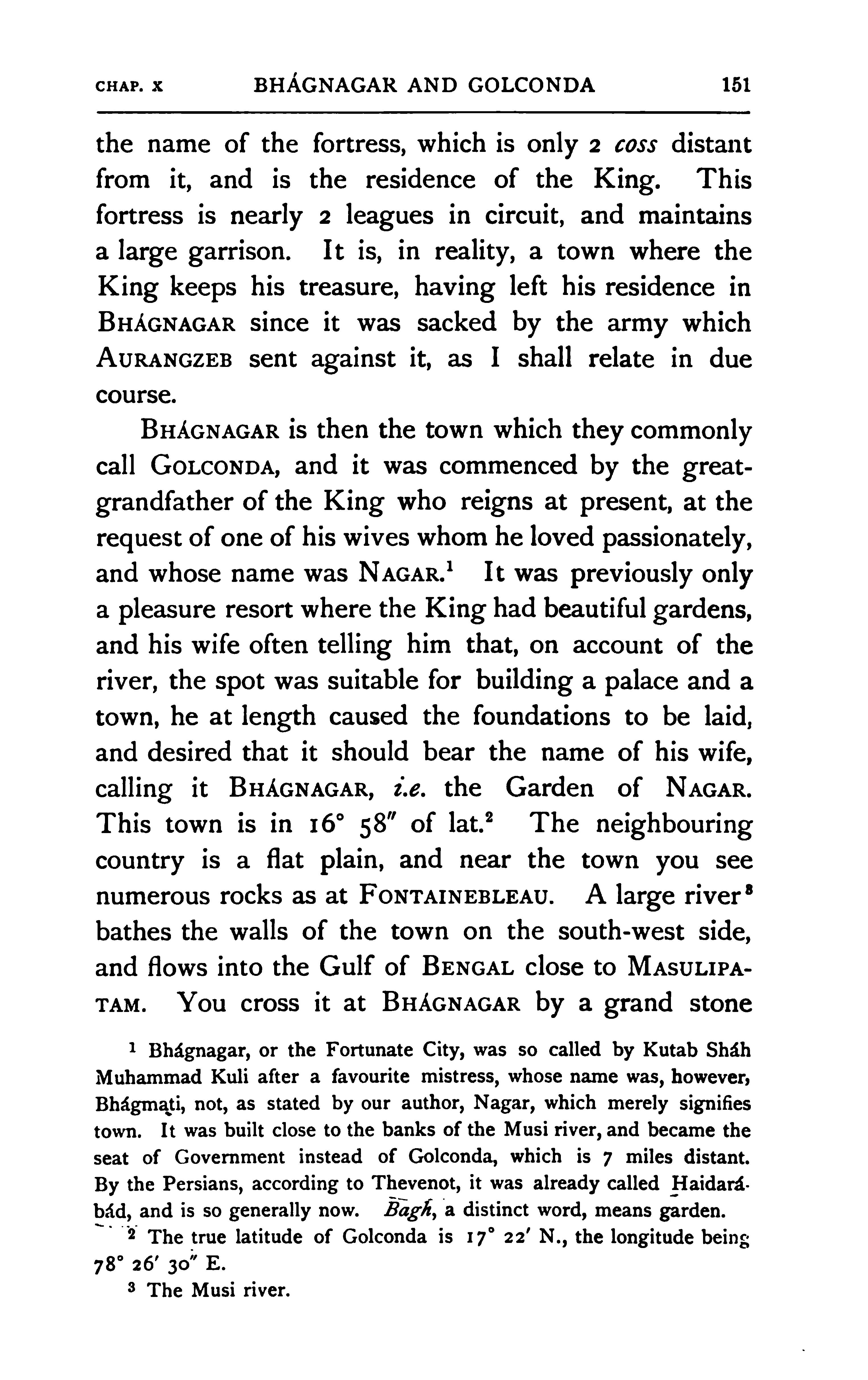Page 151 of V. Ball's 1889 Tavernier, with the 'Garden of Nagar' gloss and Ball's footnote glossing the name 'the Fortunate City'.