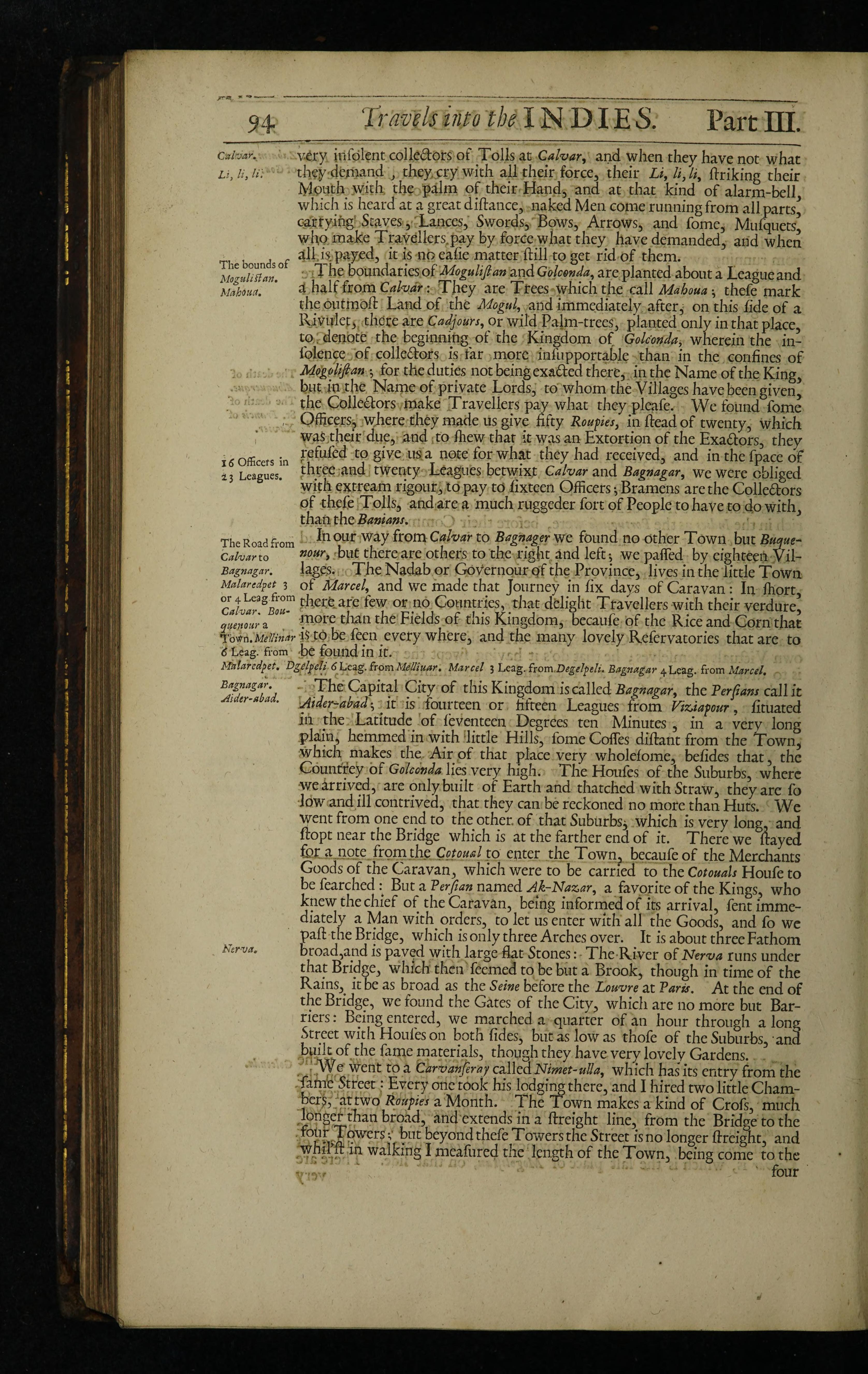 Page 94 of Part III of the 1687 English Thévenot, with the marginal note 'Bagnagar. Aider-abad.' beside the sentence naming the capital.