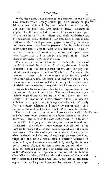 Page 57 of the 1909 Imperial Gazetteer volume on Hyderabad State, describing the Hali sikka state coinage, free coinage in the mint to 1893, and the Mahbubia rupee of 1904 bearing the Char Minar.