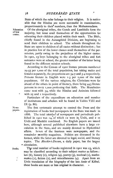 Page 78 of the 1909 Imperial Gazetteer volume on Hyderabad State, giving 1901 census literacy at 29.55 per 1,000 of the population.