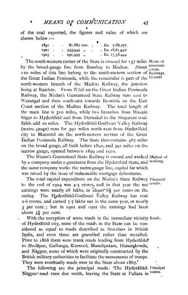 Page 45 of the 1909 Imperial Gazetteer volume on Hyderabad State, describing the Nizam's Guaranteed State Railway, its mileage, capital and earnings, and the 137 broad-gauge miles belonging to the Great Indian Peninsula and Madras Railways.