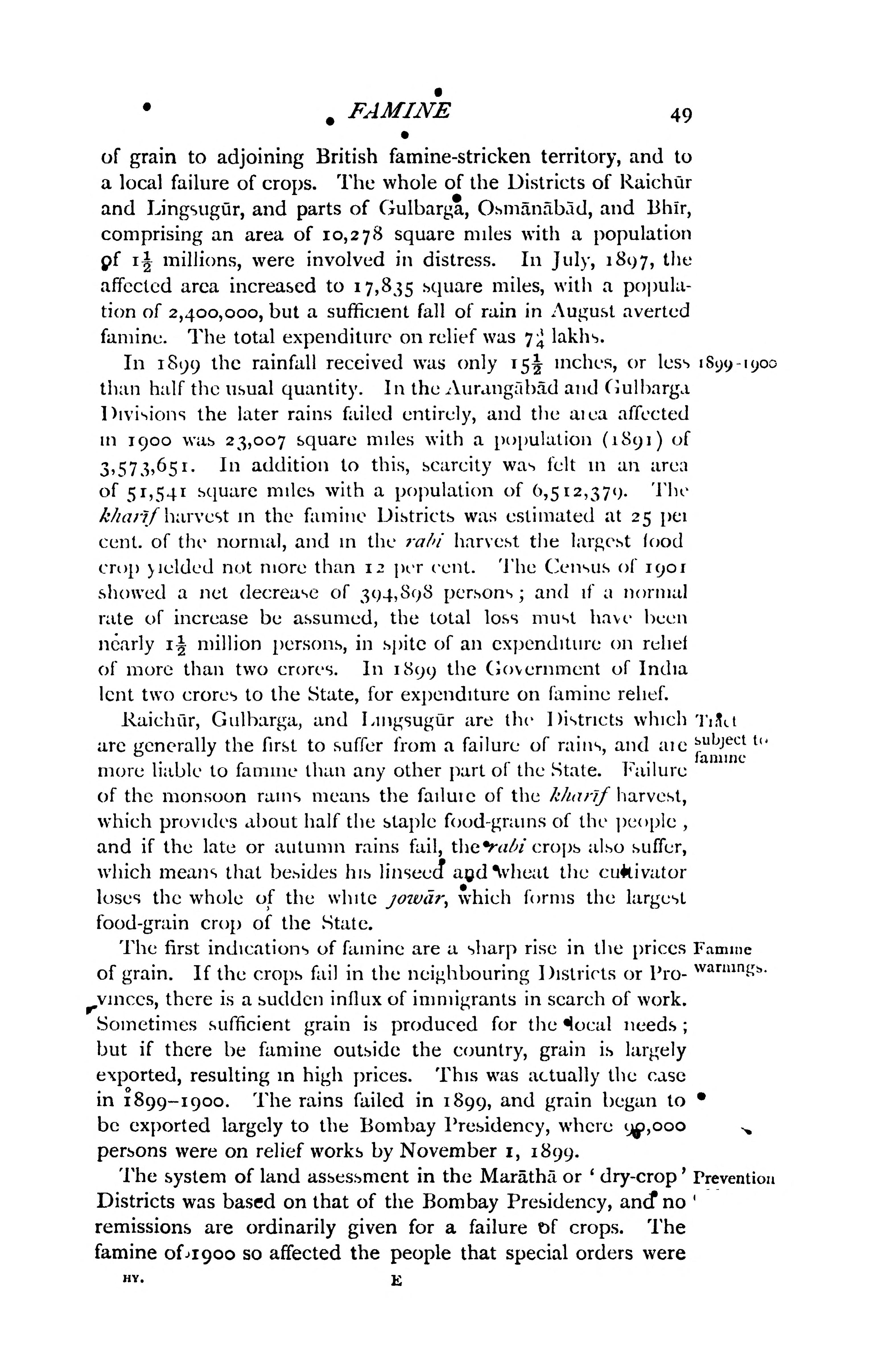 Printed page 49 of the Imperial Gazetteer of India, Provincial Series: Hyderabad State (1909), recording the 1899–1900 famine and a total population loss of nearly 1½ million persons.