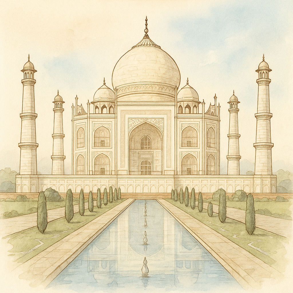 Scenic view of the Taj Mahal reflecting in water under a blue sky